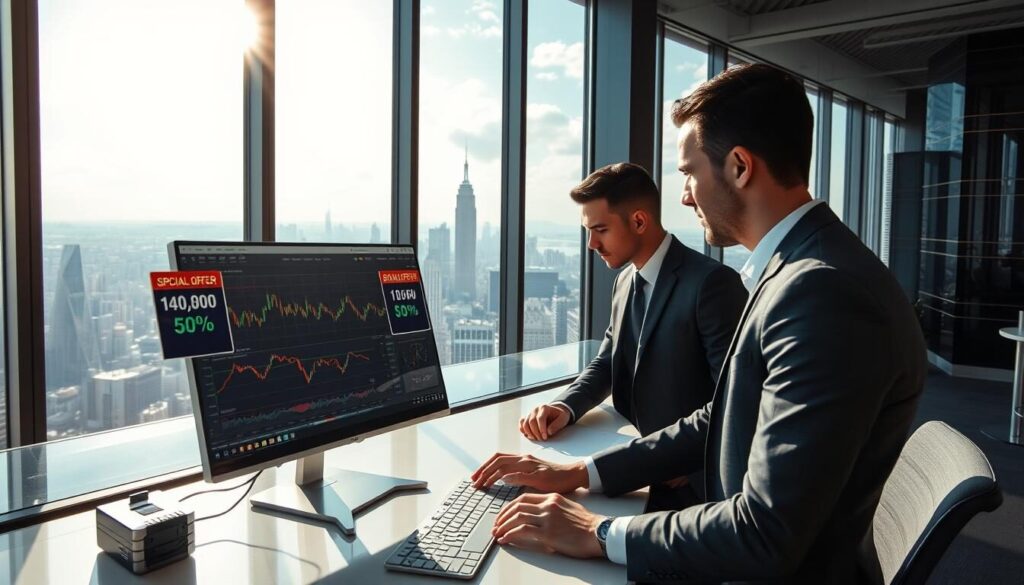 A modern trading office overlooking a bustling metropolis, the sun's rays filtering through towering glass windows. In the foreground, a sleek desktop computer displays a dynamic forex trading platform, with charts, graphs, and special offer banners highlighting the latest bonuses and promotions. In the middle ground, a professional trader, dressed in a tailored suit, reviews the data intently, making nimble decisions. The background is a panoramic view of the city skyline, reflecting the global nature of the forex market. The overall atmosphere is one of sophisticated technology, financial opportunity, and a sense of future-forward innovation.