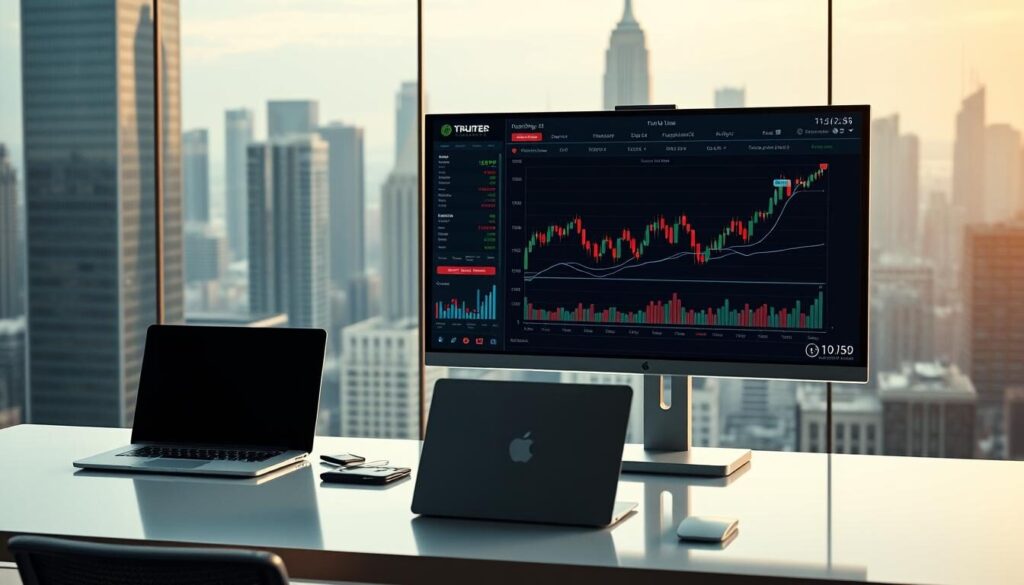 A modern trading platform with a sleek, futuristic interface. In the foreground, a high-resolution monitor displays real-time financial data, charts, and trading tools. The middle ground features a minimalist, ergonomic workstation with a laptop, tablet, and other electronic devices. The background showcases a cityscape of towering skyscrapers, reflecting the hustle and bustle of the global financial markets. Warm, diffused lighting creates a professional, focused atmosphere. The composition is balanced, with a clean, uncluttered aesthetic that conveys the cutting-edge technology and efficiency of the trading platform.