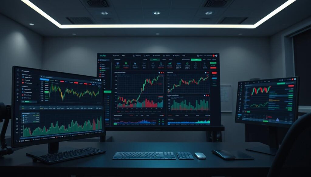 A modern trading platform with an intuitive user interface, featuring a range of professional-grade tools. In the foreground, a sleek dashboard displaying real-time market data, customizable charts, and advanced analytics. In the middle ground, an array of trading order types, risk management features, and automated strategies. The background showcases a clean, minimalist design with subtle lighting, creating a sense of focus and efficiency. The overall atmosphere conveys a sophisticated, technology-driven environment tailored for savvy investors and active traders.