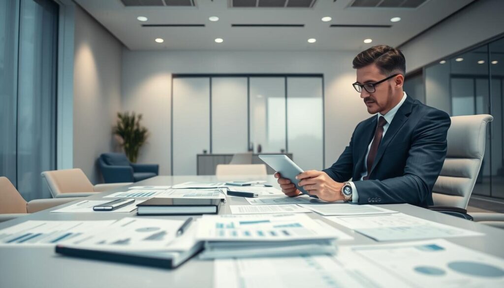 A modern, well-appointed office interior with a large desk, comfortable chairs, and various financial documents and charts on the surface. A knowledgeable-looking professional in a suit and tie is seated at the desk, intently studying a tablet. Soft, diffused lighting creates a calming, authoritative atmosphere. The overall scene conveys the process of carefully evaluating and selecting a reliable forex broker in Turkey, with attention to detail and a commitment to making an informed decision.