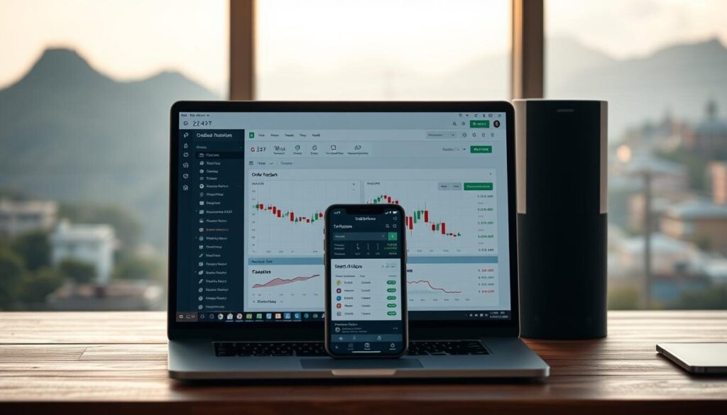 A modern, well-designed forex trading account setup with a sleek interface, intuitive navigation, and easy-to-read charts and analytics. The foreground features a laptop or desktop computer displaying the trading platform, with a clean, minimalist design and a focus on key metrics and order execution tools. The middle ground showcases a mobile device, possibly a smartphone or tablet, mirroring the trading account information. In the background, a subtle South African landscape or skyline provides a sense of place, with natural lighting casting a warm, inviting glow over the setup. The overall atmosphere conveys a sense of professionalism, efficiency, and the empowerment of South African traders to take control of their financial futures.