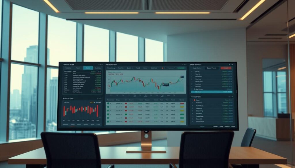 A modern, well-designed trading platform against a backdrop of a sleek and minimal office interior. In the foreground, a large, high-resolution display showcases a range of intuitive features - advanced charting tools, real-time market data, customizable watchlists, and seamless order execution. The middle ground features a clean, minimalist user interface with clear, labeled sections. The background has large windows overlooking a bustling financial district, bathed in warm, natural lighting that adds to the professional, yet approachable atmosphere. The overall scene conveys a sense of efficiency, sophistication, and a commitment to providing traders with a cutting-edge, user-friendly experience.