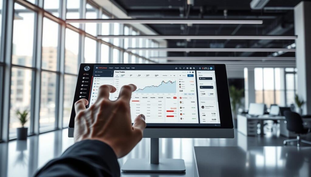 A modern, well-designed trading platform with intuitive user interface and easy accessibility features. In the foreground, a trader's hands interacting with a touchscreen display, showcasing smooth navigation and responsive controls. In the middle ground, a clean, minimalist dashboard displaying real-time market data, trading tools, and personalized settings. The background features a sleek, tech-forward office environment with large windows, allowing ample natural light to illuminate the workspace. The overall atmosphere conveys a sense of efficiency, productivity, and seamless user experience, reflecting the high-performance and accessibility aspects of a leading forex trading platform.