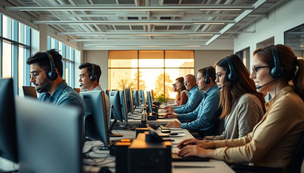 A modern, well-equipped office setting with a multilingual customer support team assisting clients from around the world. In the foreground, a diverse group of customer service representatives, each fluent in a different language, sit at their desks, headsets on, providing attentive and personalized support. In the middle ground, the office is bathed in warm, natural lighting from large windows, creating a welcoming atmosphere. In the background, a sleek, minimalist design with clean lines and muted colors. The overall mood is one of efficiency, professionalism, and global connectivity.