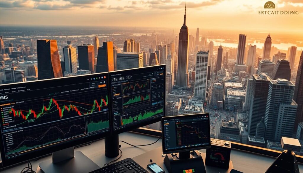 A modern, well-equipped trading platform featuring a wide range of advanced tools and analytics. In the foreground, several interactive charts and graphs display real-time market data and technical indicators. The middle ground showcases a clean, intuitive user interface with customizable layouts and order management panels. In the background, a panoramic view of a vibrant financial district with towering skyscrapers and bustling streets. The scene is bathed in a warm, golden light, conveying a sense of sophistication and authority in the world of electronic trading.