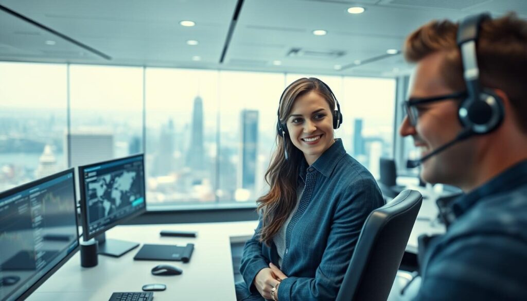 A modern, well-lit 24/7 customer support trading platform with a sleek, minimalist design. In the foreground, a customer service agent in a professional headset assists a trader, their faces conveying warmth and attentiveness. The middle ground features multiple workstations with large, high-resolution monitors displaying real-time market data and trading tools. The background showcases a panoramic view of a bustling city skyline, creating a sense of global connectivity. The lighting is soft and diffused, creating a calming, productive atmosphere. The camera angle is slightly elevated, giving a sense of the platform's comprehensive capabilities and dedication to providing exceptional customer support around the clock.