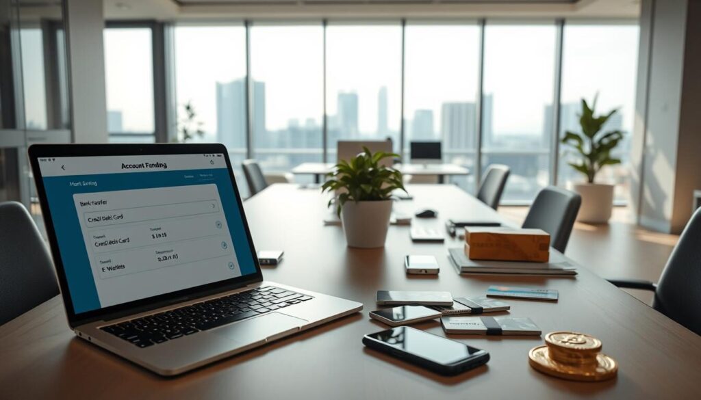 A modern, well-lit office interior with a desk showcasing various account funding options. In the foreground, a laptop displays a digital banking interface with options for bank transfer, credit/debit card, e-wallets, and cryptocurrency deposits. On the desk, physical payment cards, a smartphone, and other financial accessories create a harmonious composition. The middle ground features a potted plant and minimalist office decor, establishing a professional and trustworthy atmosphere. The background depicts floor-to-ceiling windows overlooking a cityscape, allowing natural light to flood the scene and convey a sense of transparency and security.