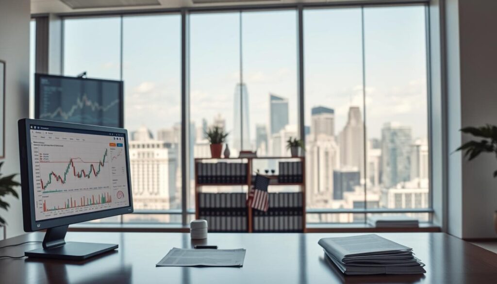 A modern, well-lit office interior with a focus on regulated forex compliance. In the foreground, a desk with a computer displaying charts and graphs, representing the data analysis and monitoring aspects of regulatory compliance. On the desk, a stack of financial documents and a U.S. flag, symbolizing the domestic focus. In the middle ground, a bookshelf with volumes on financial regulations and industry standards. The background features floor-to-ceiling windows offering a panoramic view of a bustling city skyline, conveying the professional, urban setting. The overall mood is one of diligence, attention to detail, and adherence to industry best practices.