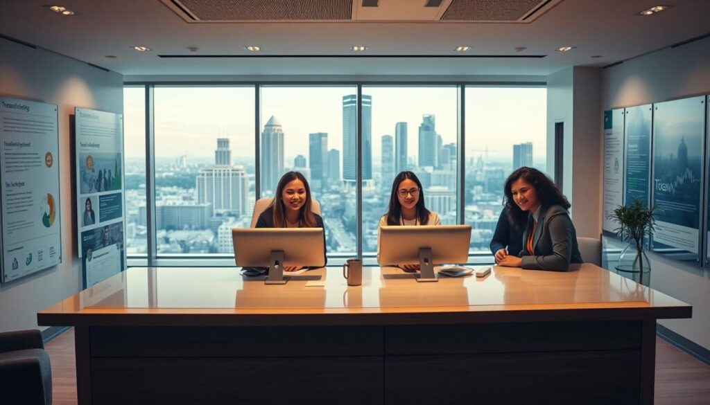 A modern, well-lit office interior with a reception desk in the foreground. Behind the desk, customer service representatives are assisting clients, their faces friendly and attentive. On the walls, educational displays and infographics illustrate key financial concepts. The lighting is warm and inviting, creating a professional yet approachable atmosphere. In the background, a large window offers a view of a bustling city skyline, symbolizing the global reach of the financial services industry. The overall scene conveys a sense of expertise, reliability, and a genuine commitment to empowering clients through education and support.