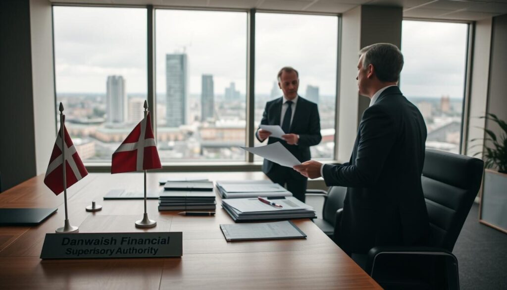 A modern, well-lit office interior with a view of a bustling Danish city skyline through large windows. In the foreground, a wooden desk with a Danish flag and name plate "Danish Financial Supervisory Authority". On the desk, various regulatory documents, a computer, and a pen holder. In the middle ground, two professionals in formal attire are engaged in discussion, gesturing towards the documents. The atmosphere conveys a sense of professionalism, oversight, and diligent financial regulation. Soft, diffused lighting creates a warm, authoritative ambiance.