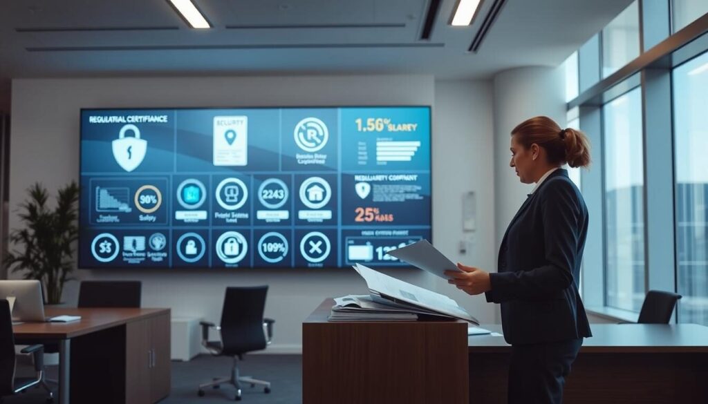 A modern, well-lit office interior with clean lines and a minimalist aesthetic. In the foreground, a businesswoman in a smart suit stands next to a desk, reviewing documents and digital displays that showcase regulatory compliance and safety protocols. The middle ground features a large wall-mounted screen displaying various security certifications, safety data, and compliance metrics. The background showcases floor-to-ceiling windows, allowing natural light to flood the space and creating a sense of transparency and openness. The overall mood is one of professionalism, order, and a strong commitment to responsible financial practices.