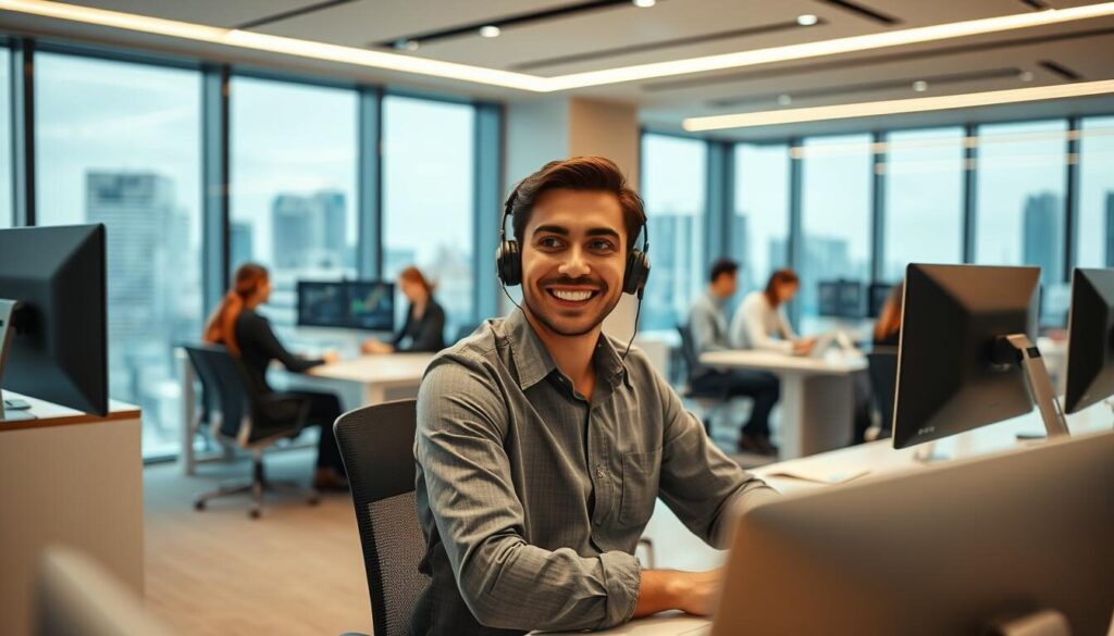 A modern, well-lit office setting with a forex trading desk in the foreground. A customer service agent is sitting at the desk, engaged in a friendly conversation with a client on a high-quality video call. The agent's face is clearly visible, conveying a warm, professional demeanor. In the middle ground, other agents are assisting customers, creating a bustling, productive atmosphere. The background features sleek, minimalist decor, with large windows overlooking a cityscape. Soft, directional lighting illuminates the scene, evoking a sense of efficiency and attentive customer care.