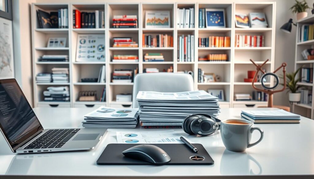 A modern, well-lit office with a variety of market research tools arranged neatly on a clean, minimalist desk. In the foreground, a sleek laptop, a high-end mouse, and a professional-grade graphics tablet. In the middle ground, a stack of industry reports, a pair of high-quality noise-cancelling headphones, and a cup of fresh coffee. In the background, shelves displaying an array of reference books, market data visualizations, and analytical software packages. The overall atmosphere conveys a sense of productivity, efficiency, and a dedication to the craft of market research.