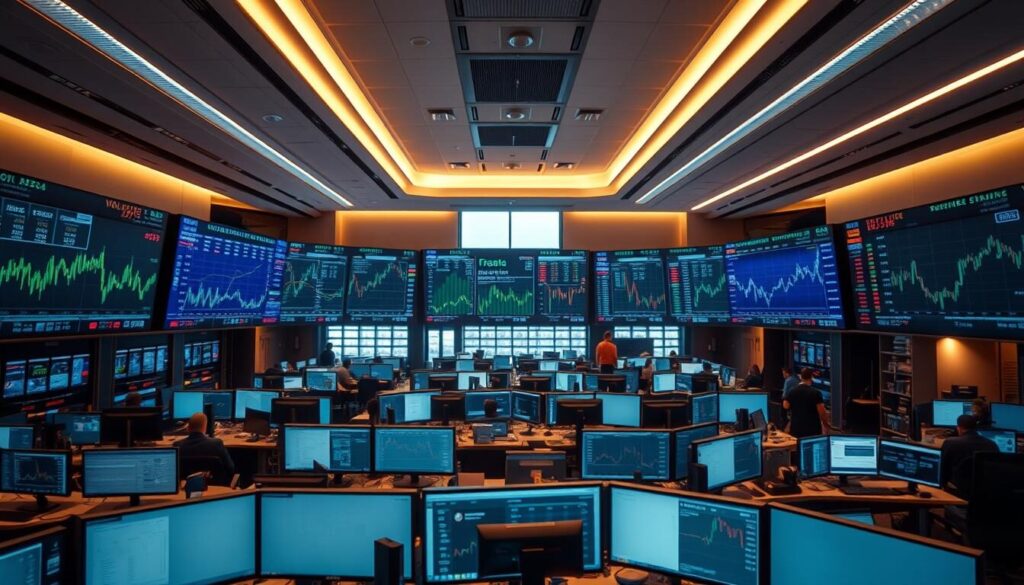 A modern, well-lit trading floor with sleek, ultrawide computer displays showcasing real-time market data, financial charts, and trading platforms. Desks are arranged in a grid pattern, with traders intently focused on their screens. The atmosphere is one of hushed intensity, with the occasional murmur of voices and the gentle hum of equipment. Overhead, the lighting casts a warm, professional glow, creating a sense of productivity and precision. The room is spacious, with large windows allowing natural light to filter in, giving the space an airy, open feel. The overall impression is one of a sophisticated, technology-driven environment dedicated to the fast-paced world of financial markets and volatility index trading.