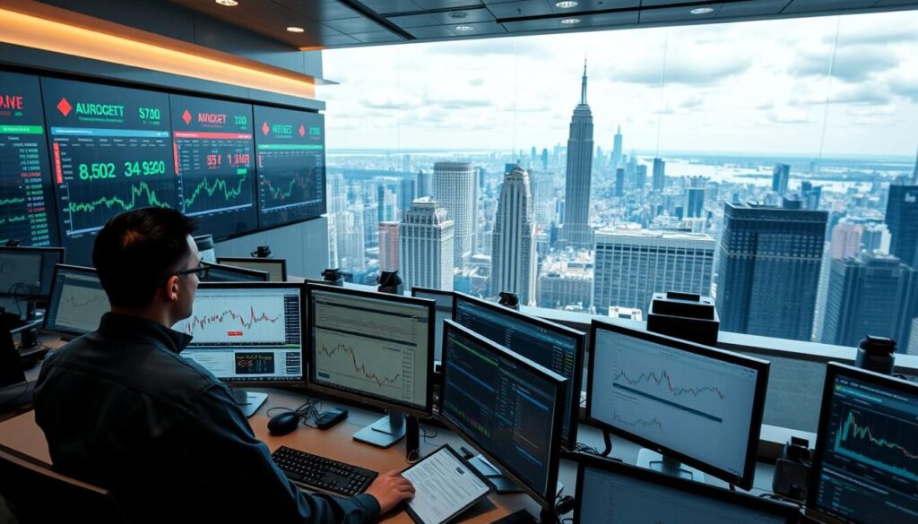 A modern, well-lit trading floor with various digital workstations and screens displaying financial data. In the foreground, a trader intently monitoring multiple trading platforms, studying real-time price charts and order books. In the middle ground, a bank of sleek monitors showcasing different account types and investment options. The background features a panoramic view of a bustling city skyline, conveying the dynamic, high-stakes nature of the financial markets.