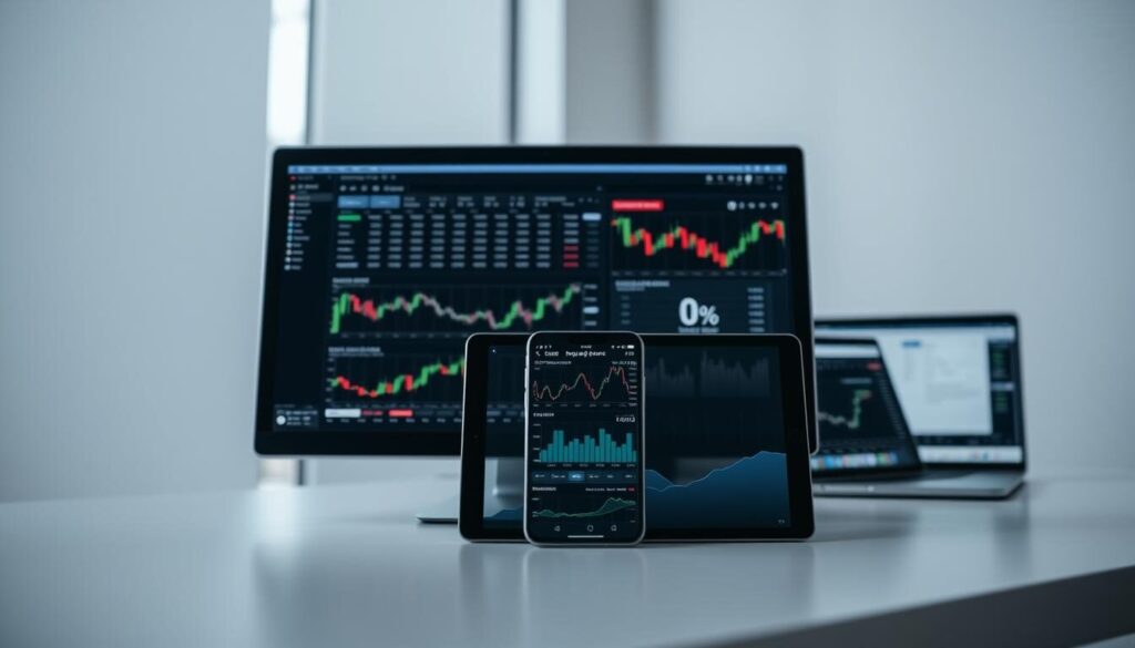A modern, well-lit trading platform interface with a clean, minimalist design. In the foreground, a sleek desktop application showcases real-time market data, detailed charts, and intuitive trading tools. The middle ground features a tablet displaying a mobile app version of the platform, allowing for seamless on-the-go trading. In the background, a laptop screen shows a web-based version of the platform, highlighting its cross-device accessibility. The overall atmosphere conveys a sense of professionalism, efficiency, and technological sophistication, reflecting the advanced capabilities of the trading platform.