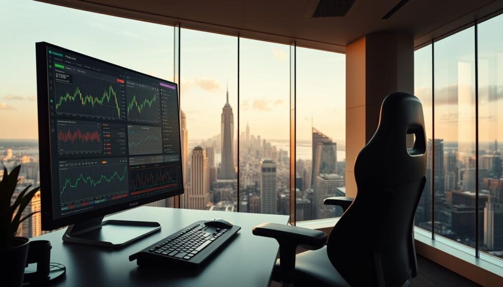 A modern, well-lit trading platform with a sleek, minimalist design. In the foreground, a large high-resolution monitor displays various financial charts, live data feeds, and customizable trading tools. Beside it, a state-of-the-art desktop computer with a clean, uncluttered interface. In the middle ground, a comfortable ergonomic chair and a high-quality trading keyboard and mouse. The background features a panoramic view of a bustling city skyline, with skyscrapers and bridges visible through floor-to-ceiling windows, bathed in warm, natural lighting. The overall atmosphere conveys a sense of efficiency, productivity, and technological sophistication, catering to the needs of savvy forex traders.