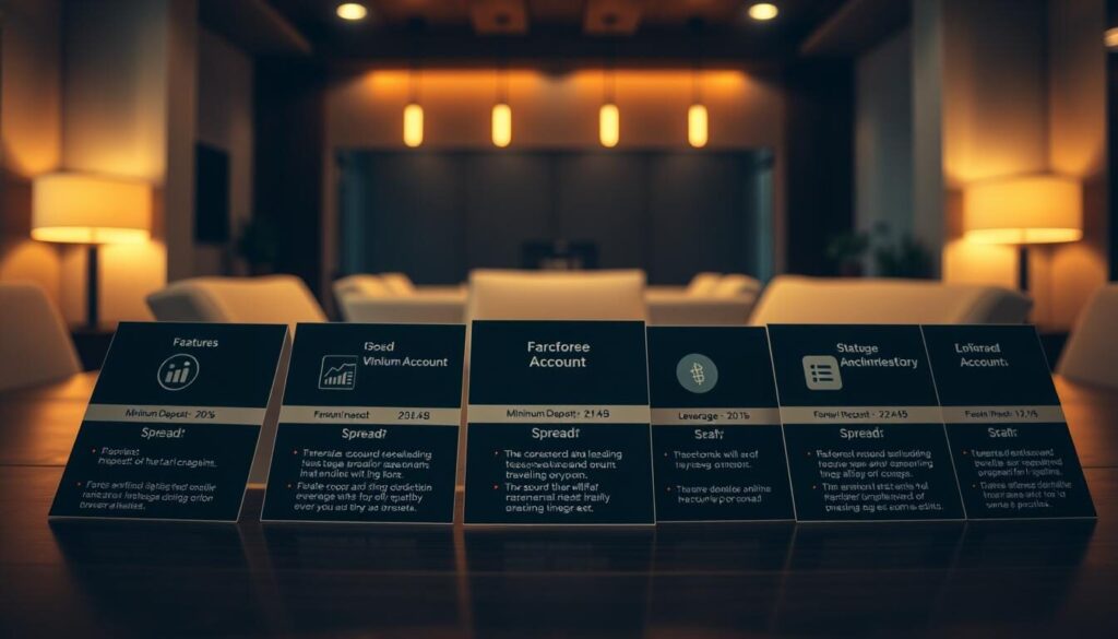 A neatly arranged table showcasing various forex account types, illuminated by warm lighting and captured with a wide-angle lens. The foreground features detailed icons and labels for each account, such as minimum deposit, leverage, and spread. The middle ground highlights the key benefits and features of each account, while the background subtly fades into a professional, yet inviting atmosphere, complementing the subject matter. The overall composition conveys a sense of clarity, professionalism, and a comprehensive understanding of the different forex account options available.