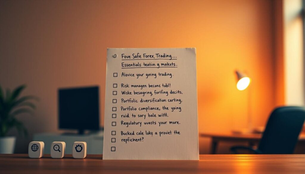 A neatly organized checklist against a warm, muted backdrop, showcasing essential steps for safe forex trading. In the foreground, a series of clean, minimal icons representing key considerations - risk management, portfolio diversification, regulatory compliance, and more. The middle ground features a handwritten note detailing crucial trading rules, while the background subtly evokes a sense of stability and professionalism with a soft, blurred office environment. Warm, directional lighting illuminates the scene, creating depth and directing the viewer's focus. The overall composition conveys a sense of order, practicality, and a thoughtful approach to navigating the forex market.