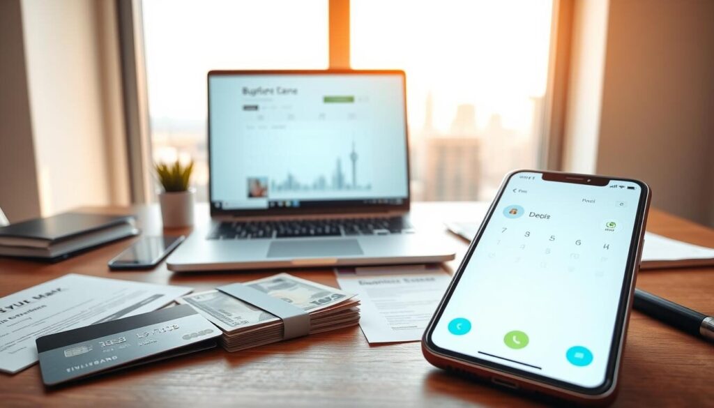 A neatly organized desk showcasing various deposit and withdrawal methods for a financial services platform. In the foreground, a sleek, modern debit card, a stack of cash, and a smartphone displaying a mobile banking app. In the middle ground, a laptop open to an online banking interface, surrounded by business documents and a pen. The background features a minimalist cityscape through a large window, bathed in warm, natural lighting creating a professional, yet inviting atmosphere. The overall composition conveys the efficiency, security, and convenience of the platform's financial management tools.
