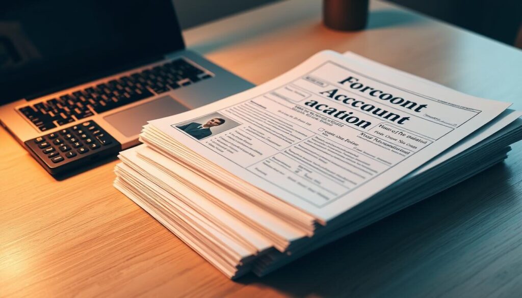 A neatly organized desk with a laptop, calculator, and a stack of official-looking documents labeled "Forex Account Documentation". The documents feature detailed forms, personal identification, and financial statements. Soft, warm lighting illuminates the scene, creating a professional and trustworthy atmosphere. The composition emphasizes the importance of properly preparing personal and financial information when opening a forex trading account. The image conveys a sense of diligence, attention to detail, and financial responsibility.