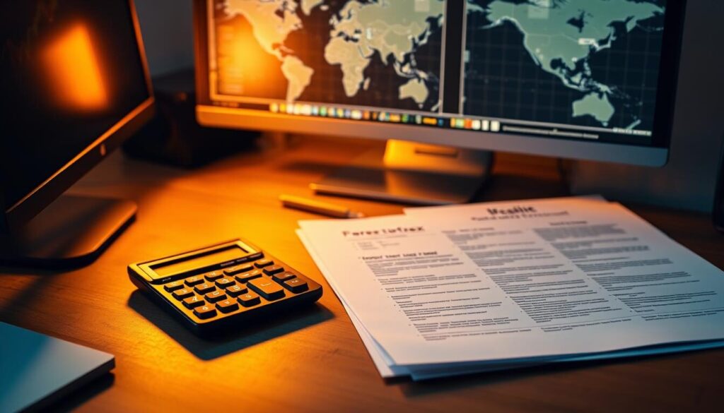A neatly organized desktop with a computer, calculator, and documents showcasing the step-by-step process of opening a forex trading account. The scene is illuminated by warm, natural lighting, casting a soft, inviting glow. The documents feature clear, concise instructions, and the calculator stands ready to crunch the numbers. In the background, a world map or currency symbols hint at the global nature of the forex market. The overall atmosphere conveys a sense of professionalism, attention to detail, and the excitement of embarking on a new financial journey.