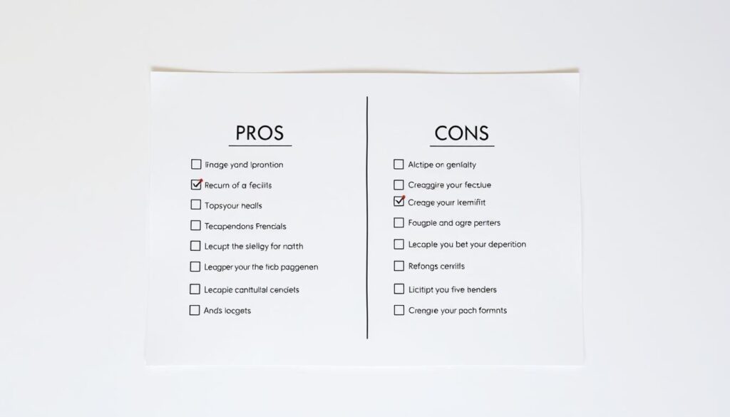A neatly organized pros and cons checklist, with clean lines and a minimalist aesthetic. The checklist is presented on a plain white background, with a subtle drop shadow to give it depth. The items on the list are concisely worded, using simple icons or symbols to differentiate between pros and cons. The overall composition is balanced and visually appealing, with a focus on clarity and organization to effectively communicate the key points. The lighting is natural and even, creating a calm and professional atmosphere.