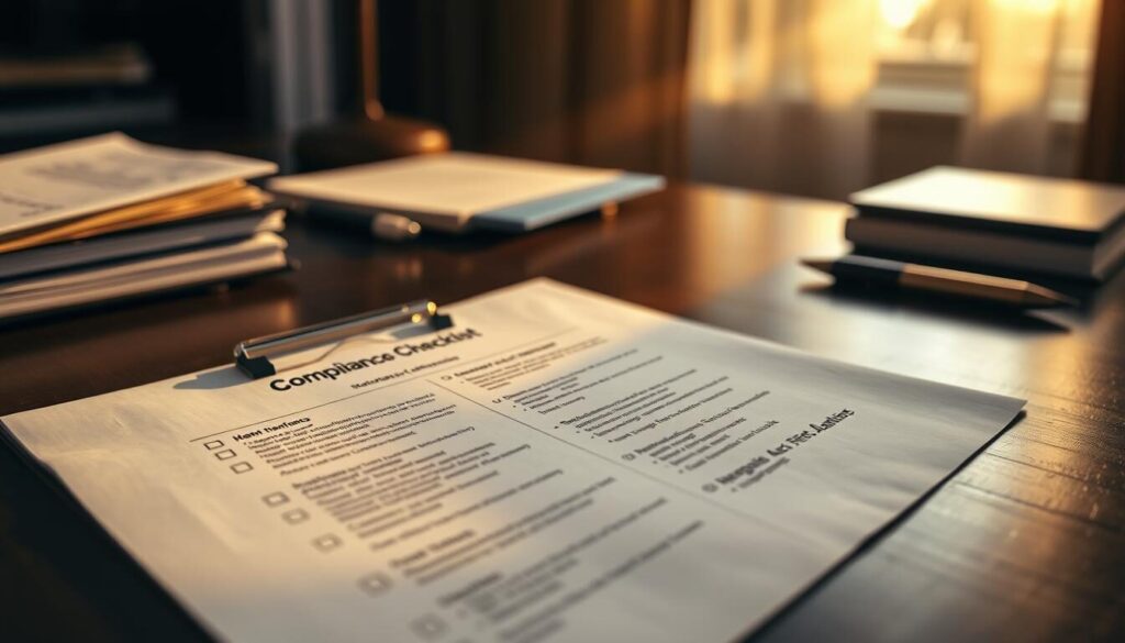 A neatly organized regulatory compliance checklist laid out on a dark wooden desk, illuminated by warm natural lighting filtering through a window. The checklist comprises a series of detailed, legible bullet points covering key compliance requirements, with a professional, authoritative aesthetic. The background is slightly blurred, drawing the viewer's attention to the foreground checklist. The overall mood is one of diligence, attention to detail, and a commitment to responsible financial practices.