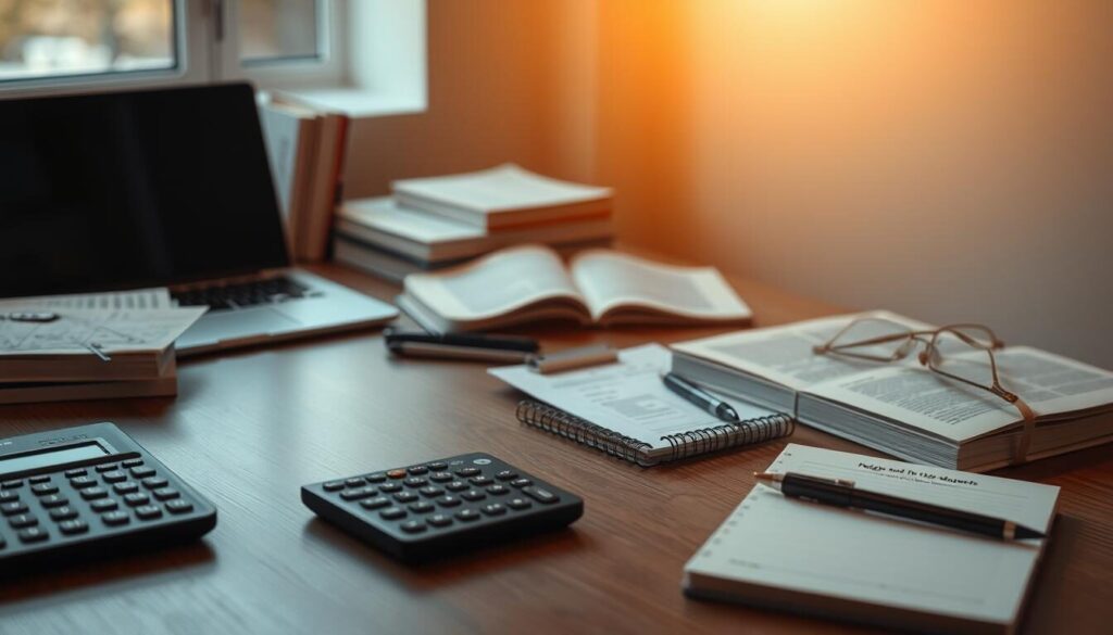 A neatly organized workspace with a laptop, textbooks, and various educational tools such as a calculator, pen, and notebook. The scene is well-lit, with soft, natural lighting filtering through a nearby window, creating a warm and inviting atmosphere. The composition features a clean, minimalist aesthetic, with the educational resources arranged in a visually appealing manner, suggesting a focus on productivity and learning. The overall mood conveys a sense of productivity, knowledge, and the empowerment that comes with mastering trading education.