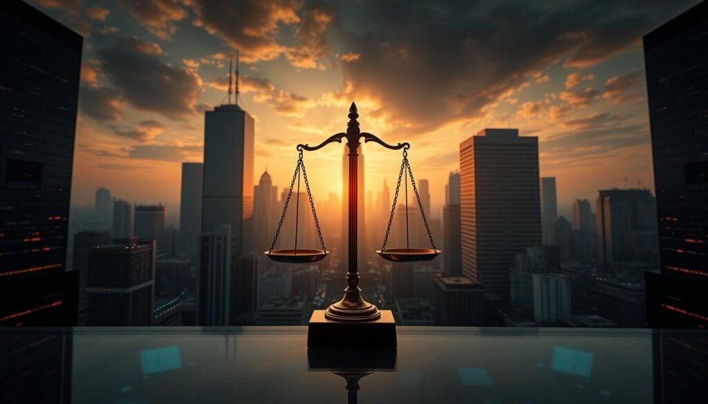 A panoramic scene of a vast financial landscape, with towering skyscrapers in the background casting long shadows over a bustling trading floor in the foreground. In the center, a pair of scales delicately balance, with risk on one side and reward on the other, symbolizing the precarious nature of leverage. The lighting is dramatic, with warm hues from the setting sun casting an amber glow across the scene, evoking a sense of both opportunity and danger. The overall composition suggests the powerful, yet risky, nature of financial markets, where the quest for greater returns can be a double-edged sword.