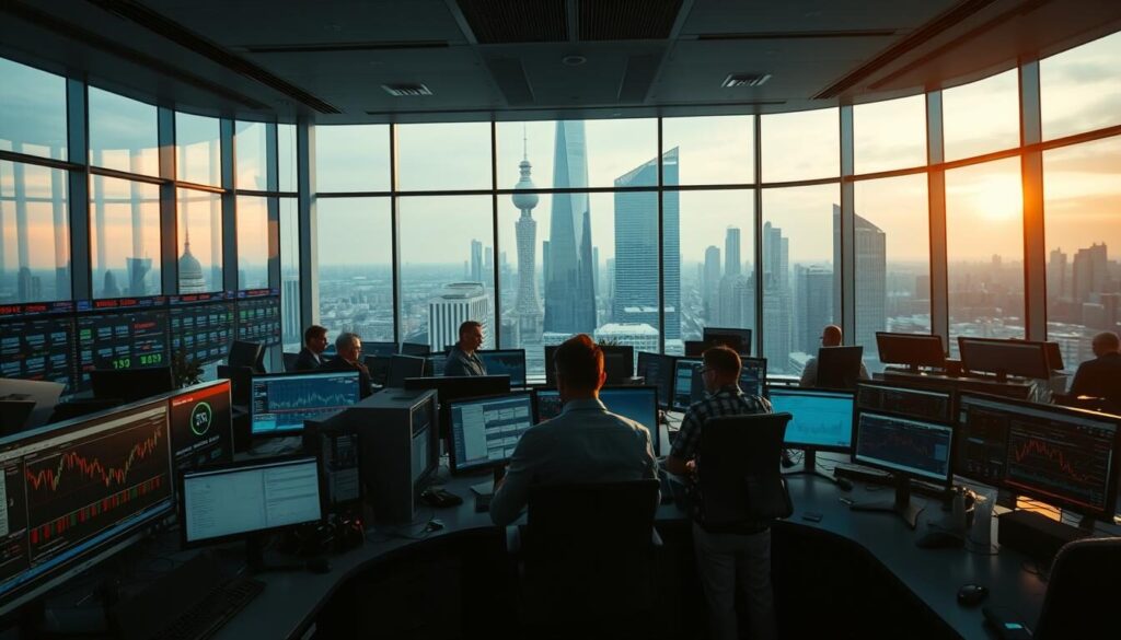 A panoramic view of a financial trading desk, illuminated by soft, diffused lighting from large windows. In the foreground, an array of trading terminals, charts, and live market data displays. In the middle ground, financial analysts intently studying the information, making decisions. The background reveals a cityscape, hinting at the broader global financial markets that these traders are connected to. The scene conveys a sense of focus, dynamism, and the weight of responsibility in navigating the complexities of modern finance.