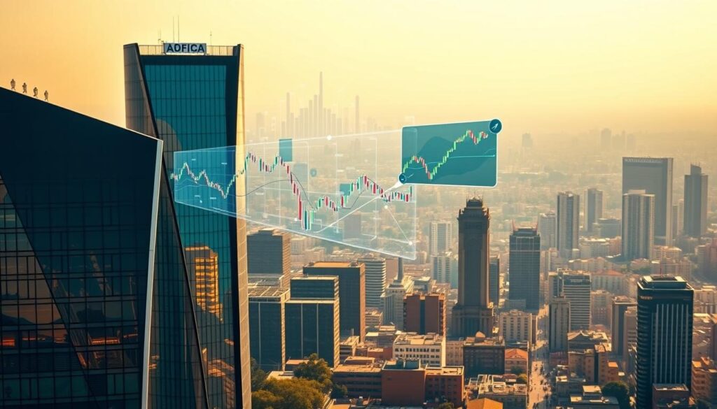 A panoramic view of the South African financial landscape, showcasing a stylized comparison of prominent forex brokers. The foreground features sleek, modern office buildings with sharp architectural lines, symbolizing the sophistication of the industry. In the middle ground, abstract data visualizations and stock charts hover, representing the analytical tools and insights these brokers provide. The background is a hazy cityscape, conveying the vibrant, bustling nature of the South African financial markets. Warm, golden lighting casts a sense of prosperity and opportunity, while a subtle blue-green tone evokes a sense of trust and reliability. The overall composition captures the essence of the top forex brokers catering to the South African trading community.