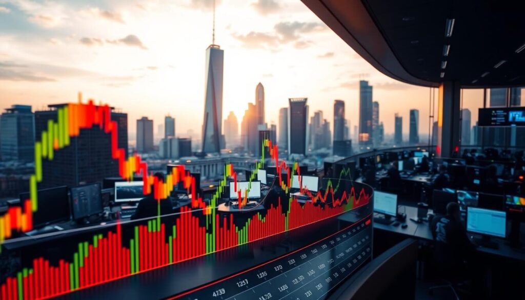 A panoramic view of the forex market's growth trends, captured through a wide-angle lens. In the foreground, a dynamic chart displays the fluctuating exchange rates of major currency pairs, with vibrant hues and bold lines showcasing the market's upward trajectory. In the middle ground, a bustling trading floor comes into focus, with traders engrossed in their screens, making split-second decisions. The background is a sleek, modern cityscape, illuminated by the warm glow of natural lighting, symbolizing the global nature of the forex market.