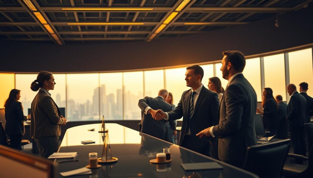 A peaceful and harmonious trading floor, with a sense of balance and fairness. Warm, natural lighting illuminates a group of diverse traders, each engaged in respectful negotiations. In the foreground, a handshake symbolizes the culmination of a mutually beneficial transaction. The middle ground features a glass-enclosed trading platform, where data and analytics are seamlessly integrated to empower informed decision-making. In the background, a panoramic view of a bustling city skyline, representing the global reach and interconnectedness of the financial markets. An atmosphere of trust, transparency, and ethical practices pervades the scene, highlighting the importance of effective risk management and fair trading.