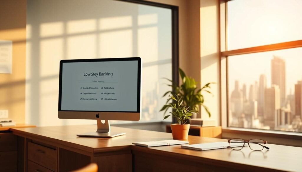 A peaceful banking office interior, bathed in warm, natural light. In the foreground, a computer monitor displays a simple, user-friendly online banking interface, highlighting the benefits of a low-deposit account - seamless transactions, no hidden fees, and convenient mobile access. In the middle ground, a warm-toned oak desk, a small potted plant, and a pair of reading glasses convey a sense of professionalism and accessibility. The background features a large window overlooking a bustling city skyline, symbolizing the financial opportunities available to those with a low-deposit account. The overall atmosphere is one of calm, financial security, and empowerment.