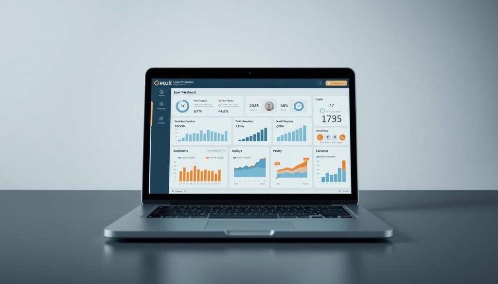 A photorealistic digital rendering of a user feedback analysis dashboard set against a clean, minimalist backdrop. In the foreground, a laptop screen displays a comprehensive data visualization, including charts, graphs, and sentiment analysis of user reviews. The middle ground features a stylized geometric pattern, subtly hinting at the digital nature of the content. The background is a muted, monochromatic palette, creating a sense of focus and clarity. The overall composition conveys a professional, modern, and data-driven analysis of user experiences, suitable for the "Equiti Review 2025" article's "User Experiences and Trustpilot Feedback" section.