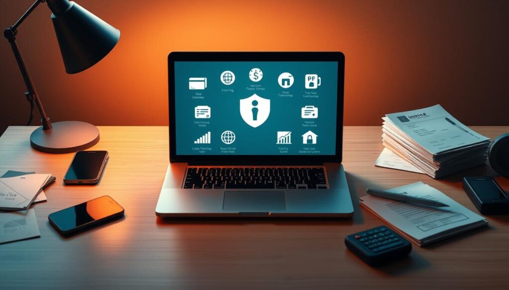 A pristine desktop scene with a central laptop displaying various secure payment method icons, including credit cards, mobile wallets, and digital banking apps. Surrounding the laptop are complementary elements like a smartphone, a card reader, and a stack of invoices, all bathed in warm, directional lighting that casts subtle shadows. The overall mood is one of professionalism, security, and financial reliability, conveying the trustworthiness of the payment options available to traders.