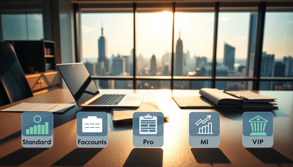 A pristine office desk with a sleek laptop, a tablet, and various financial documents neatly arranged. In the foreground, a series of account icons representing different forex account types, such as Standard, Pro, and VIP, each with its own distinct design and color scheme. The lighting is warm and inviting, casting subtle shadows that enhance the depth and texture of the scene. The background showcases a panoramic view of a bustling financial district, with skyscrapers and a clear, blue sky.