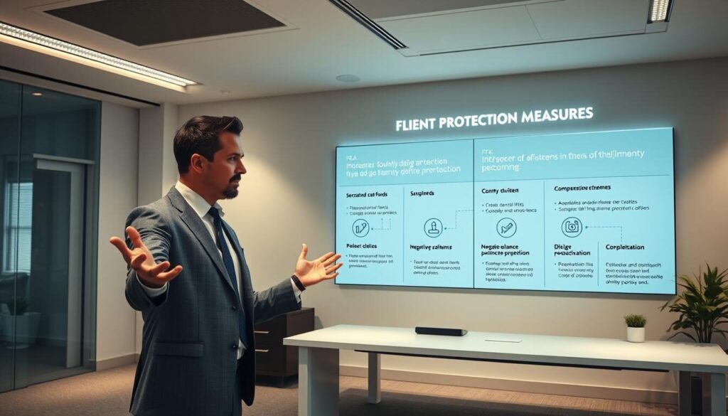 A pristine office interior with a large desk, sleek computer setup, and a wall-mounted display showcasing FCA client protection measures. Soft, directional lighting illuminates the scene, creating a professional and trustworthy atmosphere. The display features clear infographics and concise text outlining the key safeguards in place, such as segregated client funds, negative balance protection, and compensation schemes. In the foreground, a well-dressed financial advisor gestures towards the display, conveying a sense of expertise and reassurance. The overall composition conveys the stability, transparency, and security that FCA-regulated forex brokers provide to their clients.