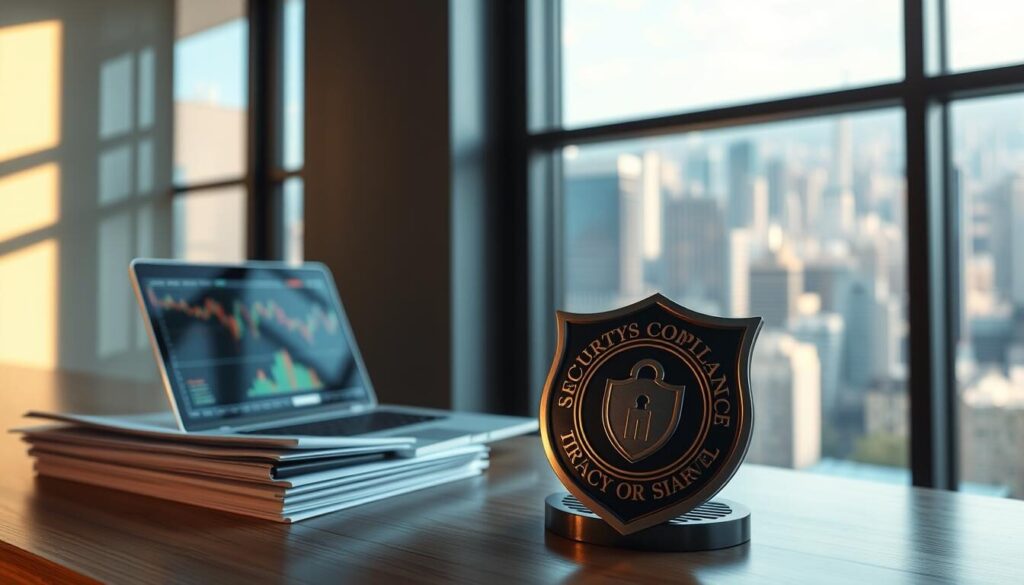 A pristine office setting, bathed in warm, natural light filtering through large windows. On the desk, a laptop displays intricate financial charts, while nearby, a stack of official-looking documents conveys a sense of regulatory compliance. The foreground features a security compliance badge, its emblem gleaming, symbolizing the broker's adherence to industry standards. In the background, a panoramic view of a bustling financial district, underscoring the broker's position within the global forex landscape. The overall atmosphere exudes professionalism, trustworthiness, and a commitment to safeguarding client assets.