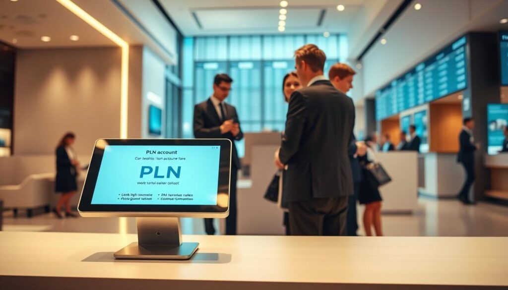 A professional banking interior with a focus on a PLN account display. The foreground showcases a sleek, minimalist banking terminal with an interactive touch screen highlighting the key benefits of a PLN account - low fees, high interest rates, and advanced online banking features. The middle ground features well-dressed customers interacting with bank staff, conveying a sense of efficiency and trust. The background depicts a modern, well-lit banking hall with clean lines, warm lighting, and various financial information displays. The overall tone is one of sophistication, reliability, and customer-centric service.