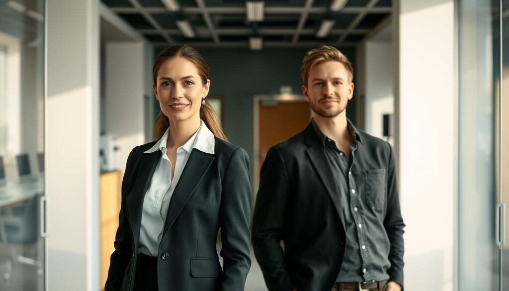 A professional businesswoman standing confidently in a sleek, modern office, dressed in a sharp suit. Beside her, a casual-looking financial advisor in a casual button-down shirt, representing the contrast between full-service and discount brokers. The office is bathed in soft, natural lighting, creating a serene and professional atmosphere. The background features a mix of modern office furnishings and technology, suggesting the different approaches to financial services. The composition highlights the distinct personas and environments of the two broker types, inviting the viewer to consider the nuances between them.