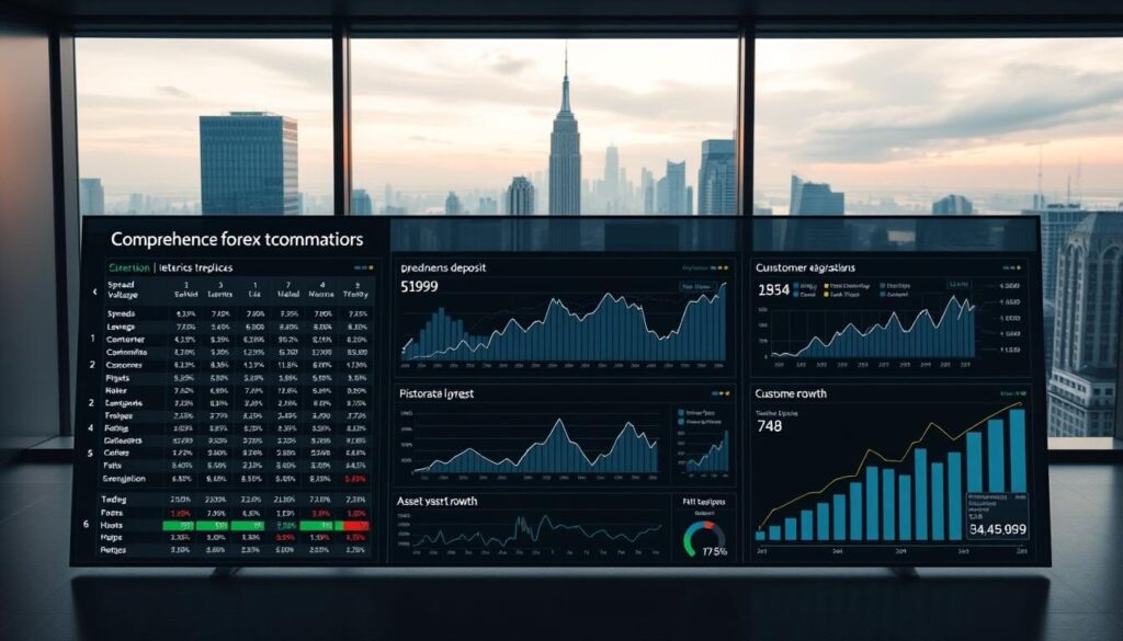 A professional data visualization dashboard displaying comprehensive forex broker comparison metrics on a sleek digital interface. The foreground showcases a grid of key performance indicators such as spreads, leverage, minimum deposit, and customer satisfaction ratings. The middle ground depicts detailed charts and graphs illustrating historical trading volume, asset diversity, and customer growth trends. In the background, a cityscape with towering skyscrapers is visible through a large panoramic window, conveying a sense of scale and authority in the financial markets. The overall scene is illuminated by warm, directional lighting creating depth and highlighting the data visualizations, while a muted color palette of blues, grays, and whites maintains a sophisticated, business-oriented aesthetic.