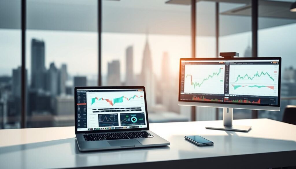 A professional demo trading account showcasing educational resources for beginners and experienced forex traders. The image depicts a well-lit, minimalist desktop setup with a laptop, smartphone, and financial charts displayed on high-resolution monitors. The background features a blurred cityscape, hinting at the global scope of the forex market. Soft, directional lighting emphasizes the clean, modern aesthetic, creating a sense of professionalism and trustworthiness. The overall composition conveys the idea of a comprehensive, user-friendly platform that caters to traders of all skill levels, ready to embark on their financial journey.