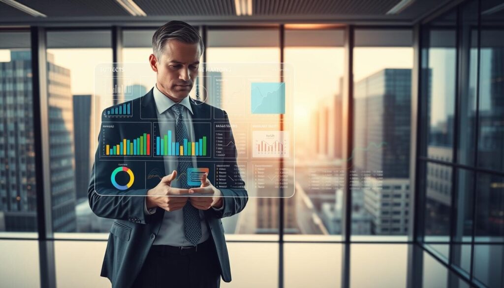 A professional financial advisor standing in a well-lit office, examining a holographic risk management dashboard. The dashboard displays colorful graphs, charts, and metrics, offering a comprehensive overview of various risk factors and mitigation strategies. The advisor's expression is one of focused concentration, surrounded by a sleek, modern interior with large windows overlooking a bustling financial district. The image conveys a sense of expertise, diligence, and the importance of proactive risk management in the context of forex trading.