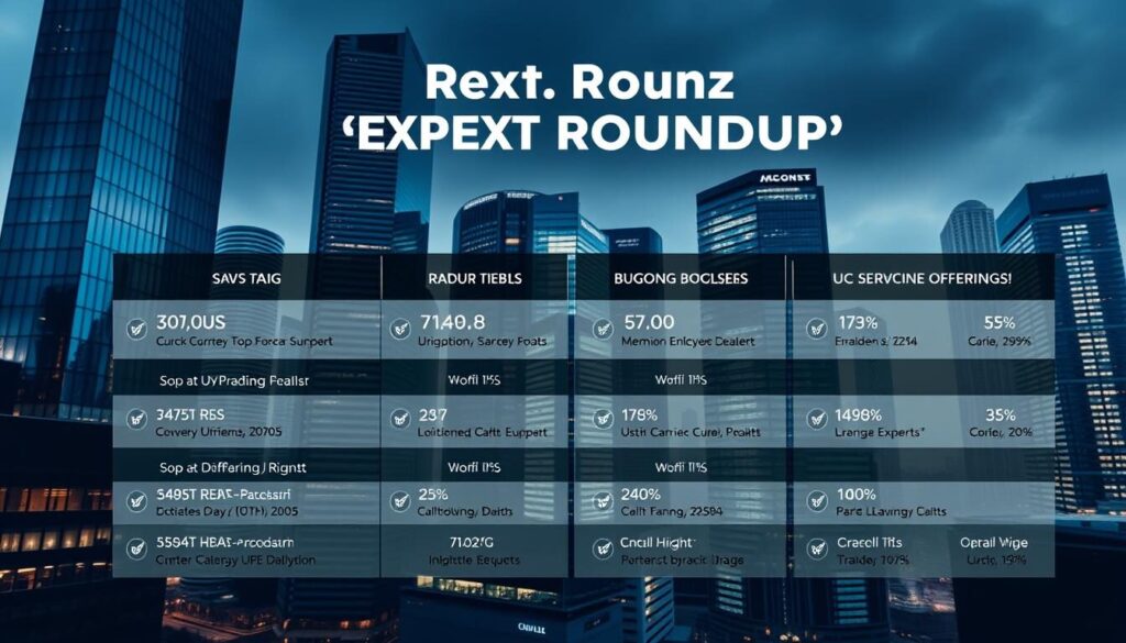 A professional forex broker comparison set against a backdrop of modern financial centers, featuring a sleek glass-and-steel high-rise cityscape with a dramatic lighting setup. In the foreground, a stylized graphic display showcases key performance metrics, trading tools, and service offerings for multiple top-tier forex brokers, all rendered in a clean, minimal aesthetic. The overall mood is one of authority, expertise, and data-driven decision-making, reflecting the "expert roundup" theme of the article section.