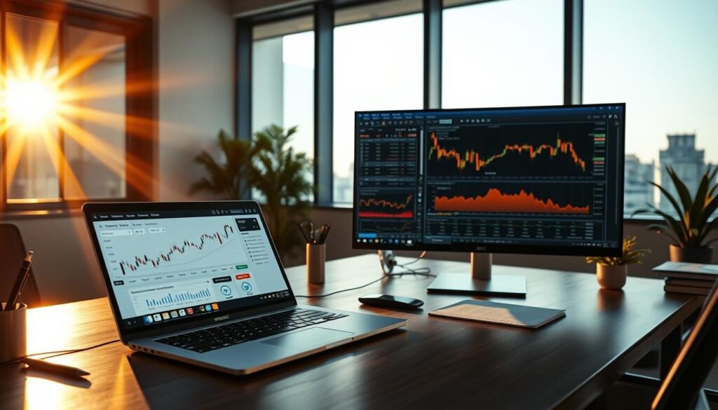 A professional forex broker's desk, illuminated by warm, golden sunlight filtering through a large window. On the desk, a sleek laptop displays a dynamic financial dashboard, with charts, graphs, and real-time market data. Beside it, a high-end monitor showcases the broker's trading platform, allowing them to analyze trends and execute transactions with precision. The desk is neatly organized, with a pen holder, a stack of relevant documents, and a subtle plant adding a touch of greenery. The overall atmosphere conveys a sense of expertise, focus, and the gravity of the broker's role in guiding clients' financial decisions.