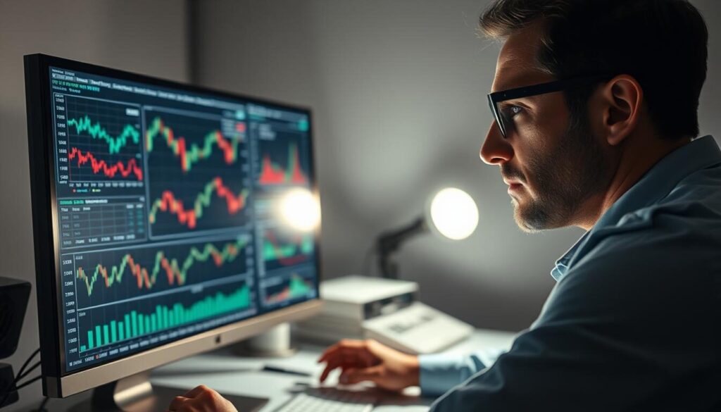 A professional forex trader intently analyzing risk management charts and graphs on a high-resolution display, bathed in the soft glow of a studio lighting setup. The desktop is meticulously organized, with various financial instruments and tools arranged in a visually appealing manner. The trader's expression conveys a blend of focus, concentration, and a keen understanding of the complexities of managing risk in the dynamic forex market. The background features muted tones and minimal distractions, emphasizing the importance of the task at hand.
