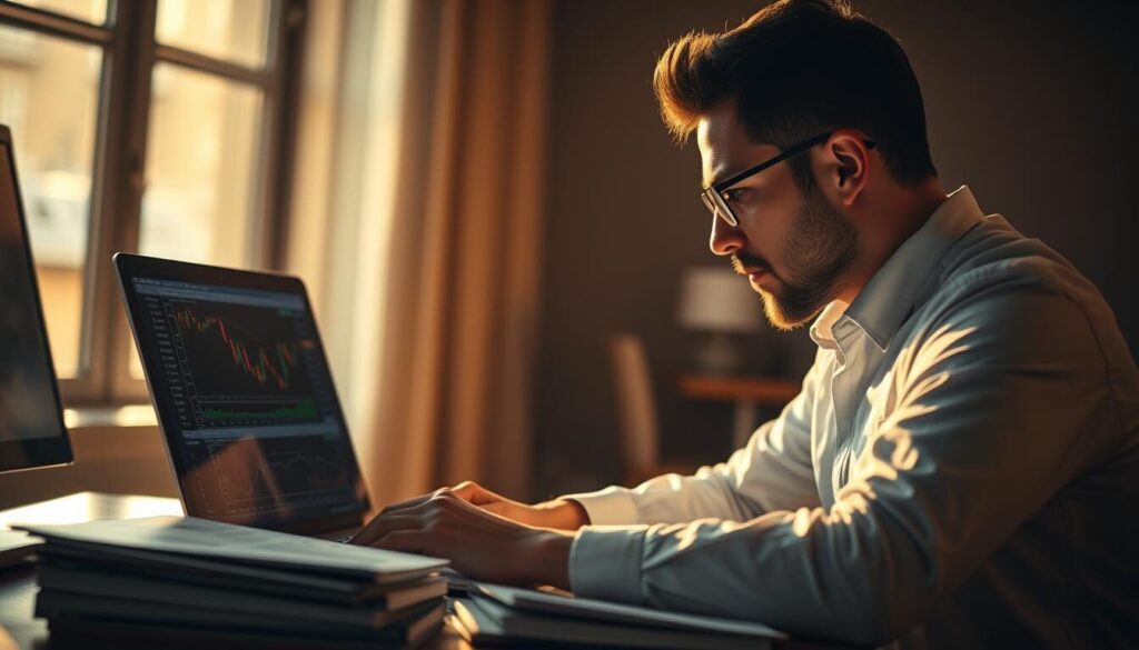 A professional forex trader reviewing and analyzing a series of forex signals on a laptop screen, with a focused expression and a stack of financial reports on the desk. The scene is illuminated by warm, directional lighting from a window, casting long shadows and creating a contemplative atmosphere. The background is blurred, emphasizing the subject's attentiveness to the task at hand. The overall mood conveys the importance of carefully evaluating forex signal providers to make informed trading decisions.