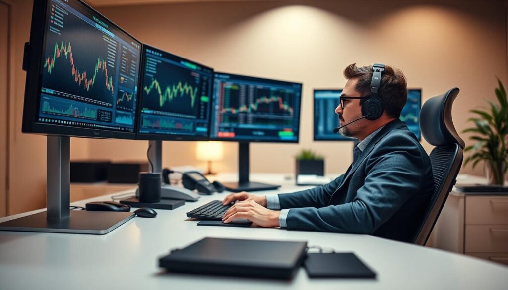 A professional forex trader sits at a sleek, modern desk, surrounded by multiple screens displaying real-time market data. The trader is engaged in a video call with a customer support agent, their expressions conveying a sense of attentive collaboration. The office environment is well-lit, with warm, neutral tones and minimalist decor, creating a calming, productive atmosphere. The camera angle captures the scene from a slightly elevated perspective, emphasizing the efficient, high-tech nature of the forex customer support experience.